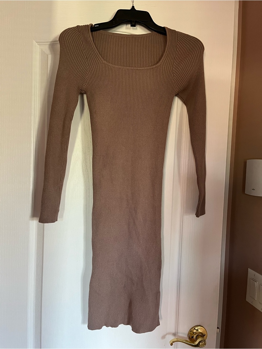 Free with purchase - SHEIN Ribbed Long Sleeve Scoop Neck Dress - Taupe